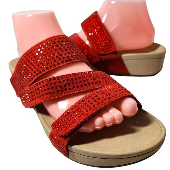 Vionic Pacific Alexis Cherry Red Rhinestone Suede Platform Slide Sandals Size